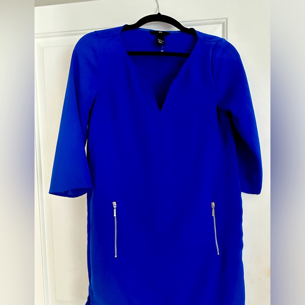 H&M Royal Blue V-Neck Dress with Zipper Accents - Size 4